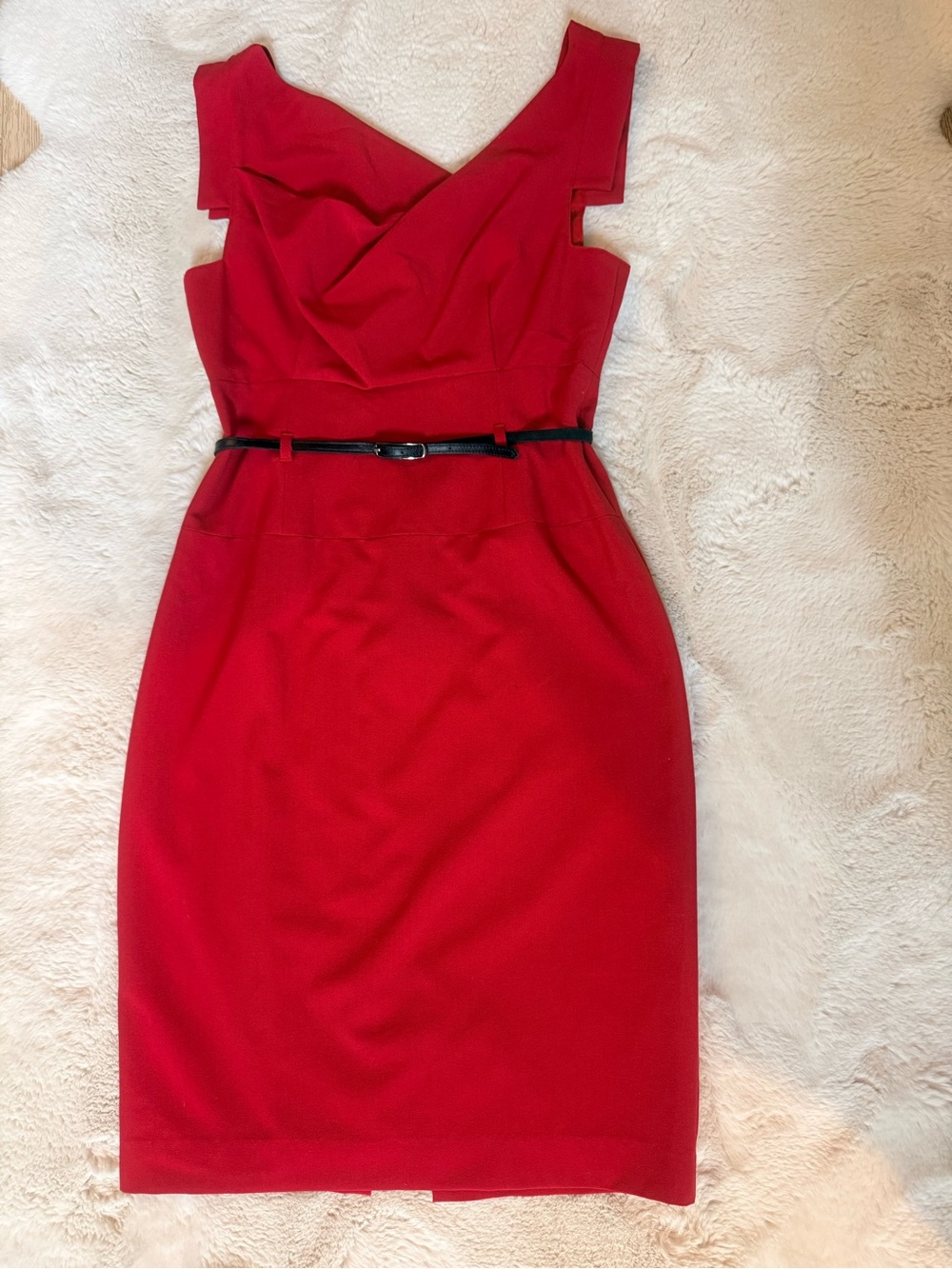 Black Halo Red V-Neck Midi Sheath Dress with Black Belt
